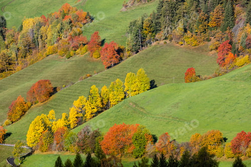 Preview: Autumn Sunrise Santa Magdalena Famous Italy Dolomites Mountain Village Environs View In First