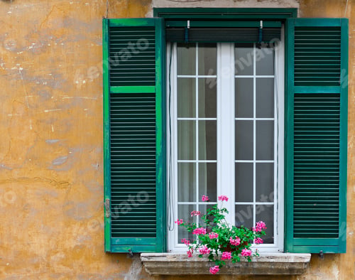 Preview: Italian Window With Open Wooden Shutters, Decorated With Fresh Flowers