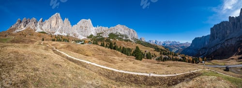 Preview: Autumn Alpine Dolomites Mountain Scene, Sudtirol, Italy. Peaceful View Near Gardena Pass