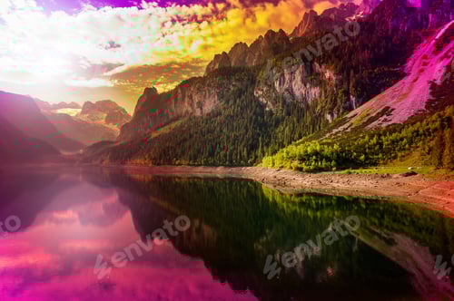 Preview: Austrian Landscape With Forests, Meadows, Fields And Pastures Surrounding The Lake Gosausee On The