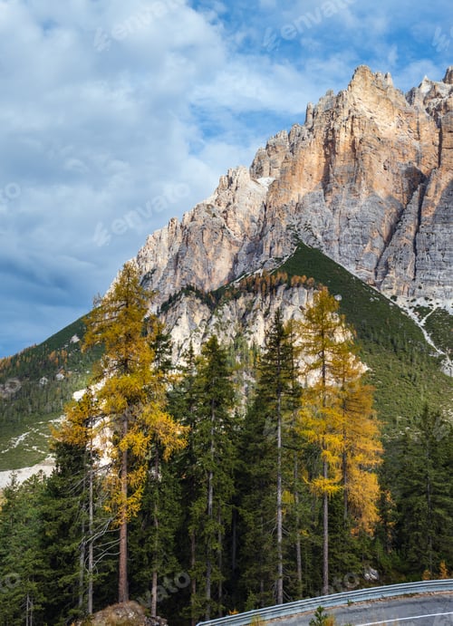 Preview: Autumn Morning Alpine Dolomites Mountain Scene. Peaceful Valparola Path View, Belluno, Italy