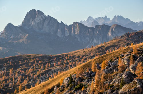 Preview: Italian Dolomites Mountain Peaceful Hazy Evening Dusk View From Giau Pass. Climate, Environment And