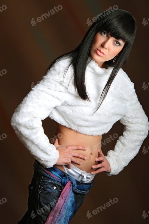 Preview: Active Model With A Beautiful Figure In Full Growth, Fashionable Clothes, Photoshoot