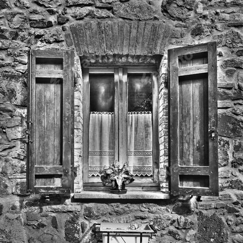 Preview: Italian Window With Open Wooden Shutters, Decorated With Fresh Flowers, Retro Image Filtered Style
