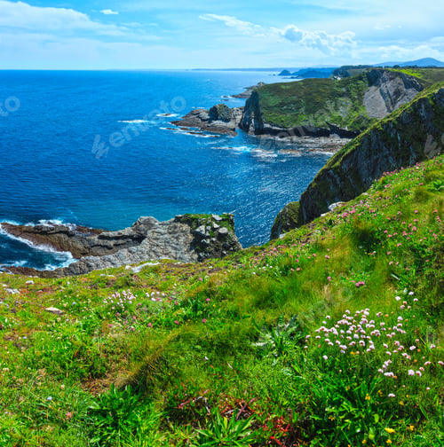Preview: Summer Blossoming Cape Vidio Coast Landscape (Asturias, Cudillero, Spain). Two Shots Stitch Image.