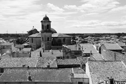 Preview: Deserted Tiled Roofs Of France In Black And White. An Optimistic View Over A Sleepy City Of
