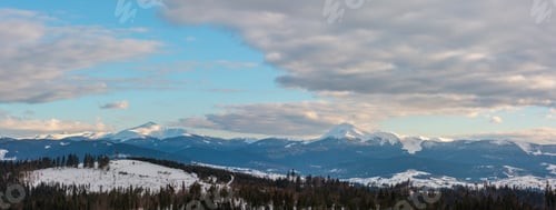 Preview: Evening Twilight Winter Cloudy Day Snow Covered Alp Mountain Ridge (Ukraine, Carpathian Mountains