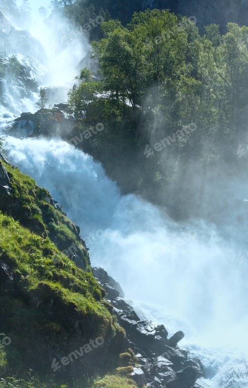 Preview: Summer Mountain Latefossen (Or Latefoss) Waterfall On Slope (Odda, Norway).