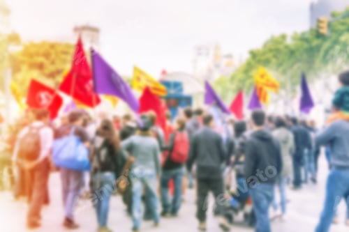 Preview: Crowded Streets. Blurry Image. People Waving Flags In A Demonstration. Image Has A Vintage Effect
