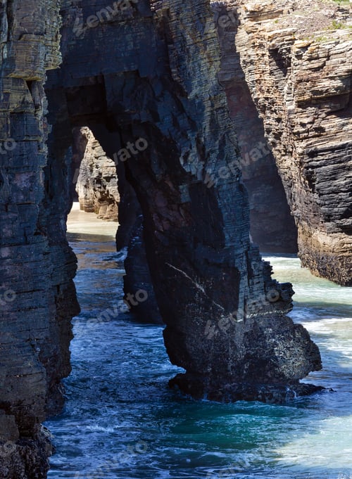 Preview: Natural Rock Arches On Cathedrals Beach In Low Tide (Cantabric Coast, Lugo (Galicia), Spain).