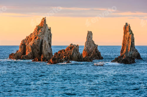 Preview: Sharp Islets Near Gueirua Beach (Asturias, Spain). Evening Atlantic Ocean Landscape.