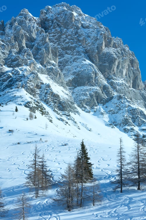 Preview: Winter Hazy Veiw On Dachstein Mountain Massif (Austria) With Ski Tracks.