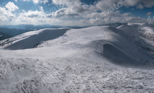 Preview: Snow And Wind Formed Ice Formations Covered Winter Mountain Plateau, Tops With Snow Cornices In