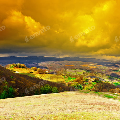 Preview: The Italian Farmhouse Surrounded By Fields And Forests At Sunset