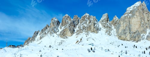Preview: Morning Winter Rocky Mountain Panorama With Ski Station. Gardena Pass In Dolomites Of South Tyrol