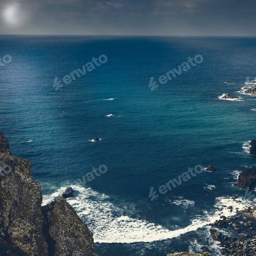 Preview: Portuguese Atlantic Ocean Beach In The Light Of The Moon. Breathtaking Landscape And Nature Of The