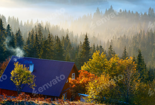 Preview: Early Morning Fog And First Morning Sun Rays Over The Autumn Slopes Of Carpathian Mountains And
