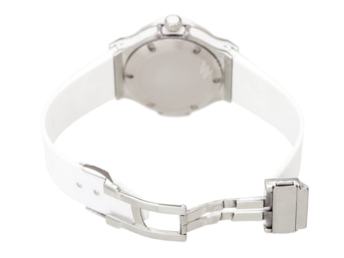 Preview: Wristwatch With An Open Lock On A Light Rubber Strap Of A Silver Watch Back View Isolated On White