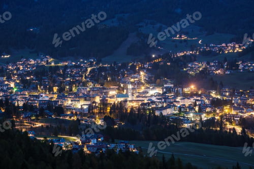 Preview: Autumn Night Cortina D'Ampezzo Alpine Dolomites Mountain Town, Belluno, Italy. Picturesque