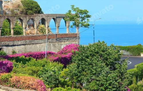 Preview: Taormina City Summer Coast With Road And Flowers Scene, Sicily, Italy