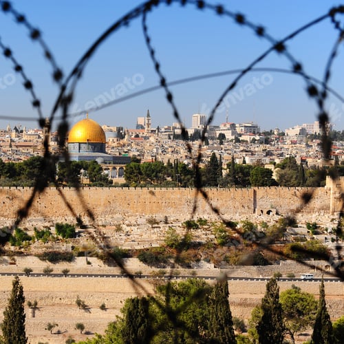 Preview: View From The Mount Of Olives On The Dome Of The Rock Through The Barbed Wire In Jerusalem, Israel