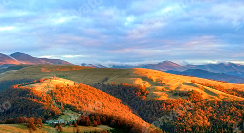 Preview: Autumn Evening Plateau Landscape With Lust Golden Sunlight On Mountains And Pink Evening Glow In