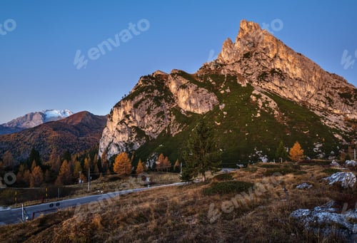 Preview: Early Morning Autumn Alpine Dolomites Mountain Scene. Peaceful Falzarego Path View, Belluno, Italy