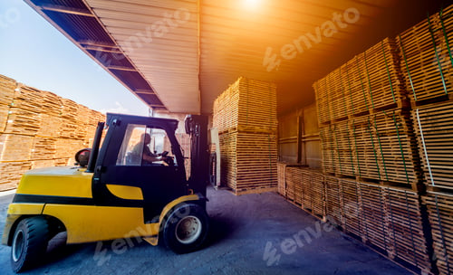 Preview: Forklift Loader Load Lumber Into A Dry Kiln. Wood Drying In Containers. Industrial Concept