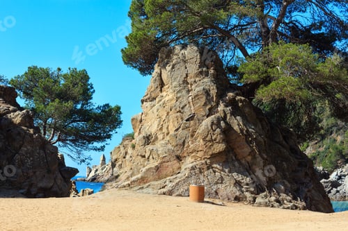 Preview: Sandy Beach With Rock Formations And Pine Trees. Mediterranean Sea Coast Summer View (Costa Brava