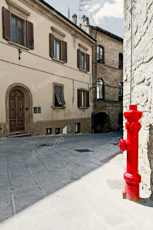 Preview: Fire Hydrant On The Street With Old Buildings In Italian City, Vintage Style Toned Picture