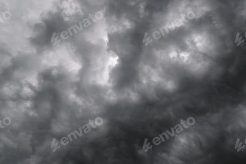 Preview: Dark Dramatic Cloudy Overcast Sky With Thunderstorm Clouds. Natural Bad Weather And Climate Sky