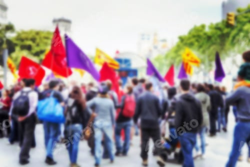 Preview: Crowded Streets. Blurry Image. People Waving Flags In A Demonstration. Image Has A Vintage Effect
