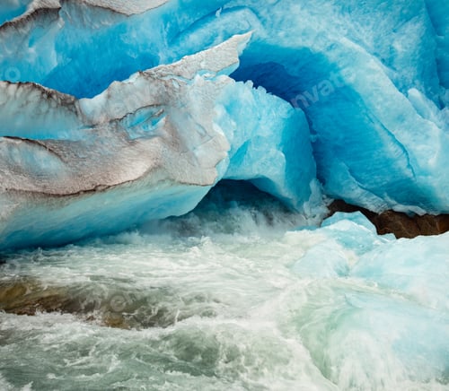 Preview: Nigardsbreen Glacier Foot Cave And Melting Ice Stream Close Up View, Jostedal, Norway. Beautiful