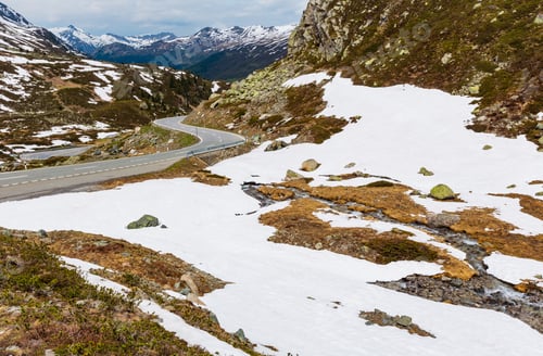 Preview: Summer Alps Mountain Landscape With Alpine Road And Small Stream (Fluela Pass, Switzerland)
