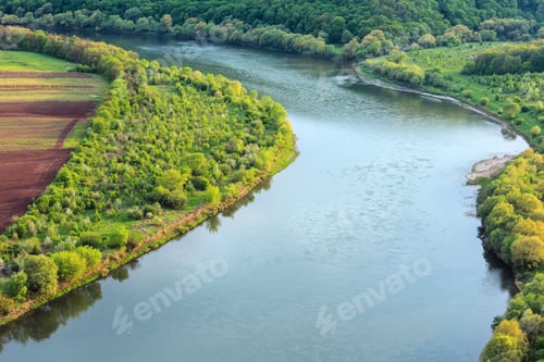 Preview: Top Picturesque Spring View Of The Dnister River Bend Canyon, With Spring Fields On Coast. Ternopil