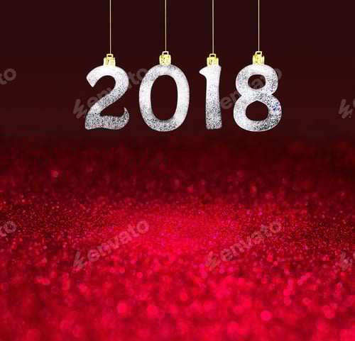 Visualização: Conjunto de dígitos prateados brilhantes em fundo brilhante. Plano de fundo de Ano Novo de 2018. Natal.