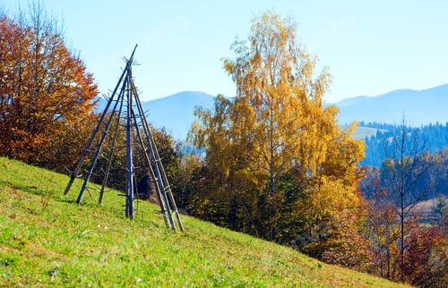 Preview: Autumn Mountain Country Landscape With Golden Trees On Slope (Carpathian, Ukraine).