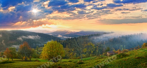 Preview: Misty Morning And Sunshine Thru Clouds In Autumn Carpathian Mountain, Ukraine. High Resolution