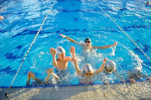Preview: Happy Children Kids Group At Swimming Pool Class Learning To Swim