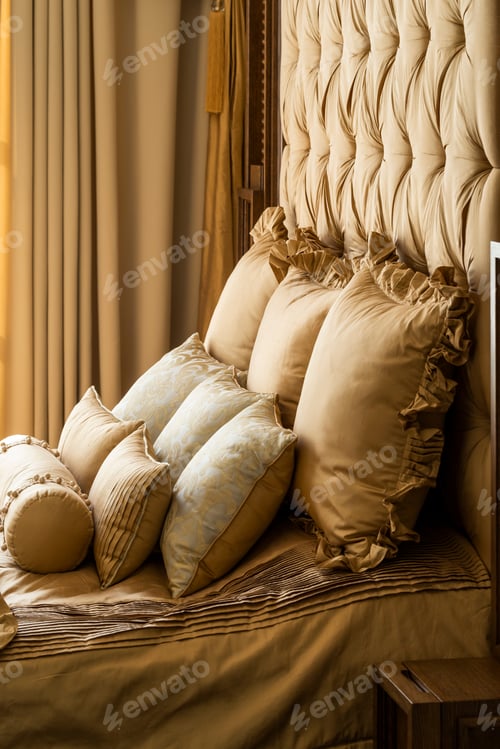 Preview: Pillows On The Bed In The Interior With The Headboard In The Interior