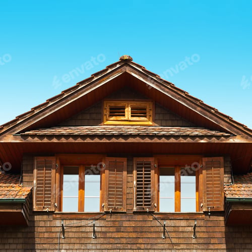 Preview: The Windows On The Facade Of A Wooden House, Switzerland