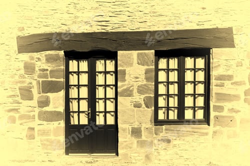 Preview: French Window And Door In Old Stone Wall, Stylized Photo