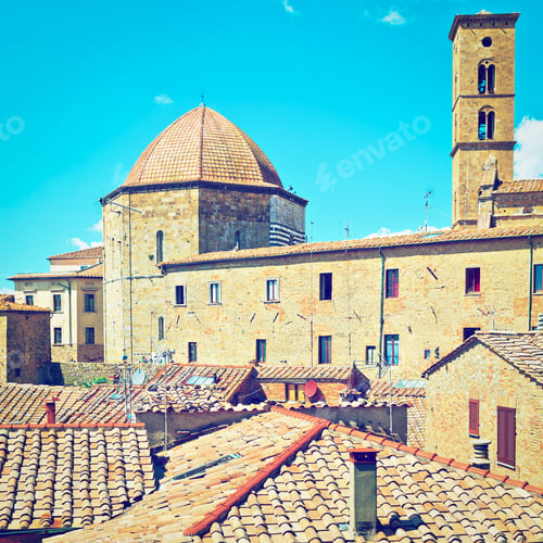Preview: View Of The Medieval City Of Volterra, Italy, Retro Effect