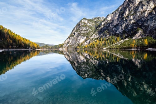 Preview: Autumn Peaceful Alpine Lake Braies Or Pragser Wildsee. Fanes-Sennes-Prags National Park, South