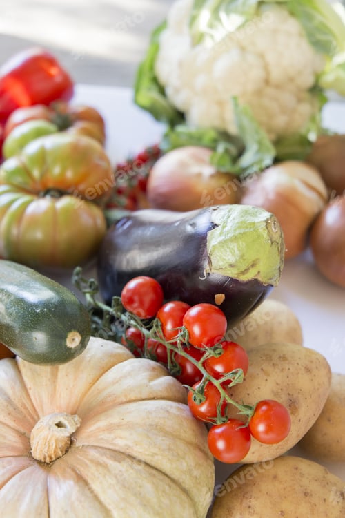 Preview: Still Life Of Fresh Vegetables, Cabbage, Eggplant, Pumpkins, Tomatoes, Potatoes And Peppers