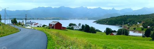 Preview: Fjord Summer Cloudy View With Village On Coast (Norway). Panorama.