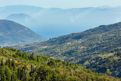 Preview: Misty Summer Hilly Coast Panorama (Greece, Lefkada). View From Up.