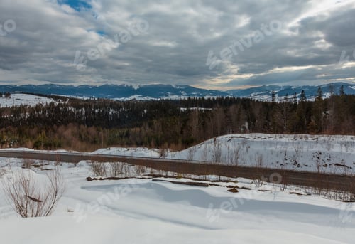 Preview: Evening Twilight Winter Cloudy Day Snow Covered Alp Mountain Ridge (Ukraine, Carpathian Mountains