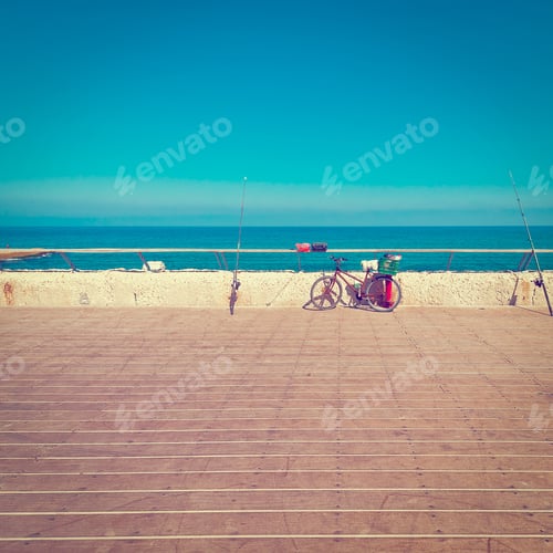 Preview: Bicycle And Fishing Rod On The Promenade Of The Old Port In Tel Aviv, Retro Effect