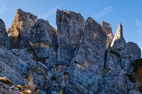 Preview: Sunny Autumn Alpine Dolomites Rocky Mountain Scene, Sudtirol, Italy. Cinque Torri (Five Pillars Or